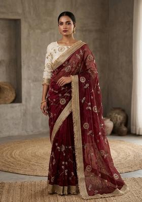 Maroon Embroidered Silk Saree Set