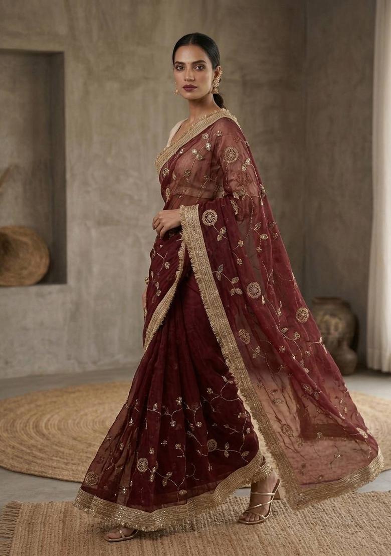 Maroon Embroidered Silk Saree Set - Indya