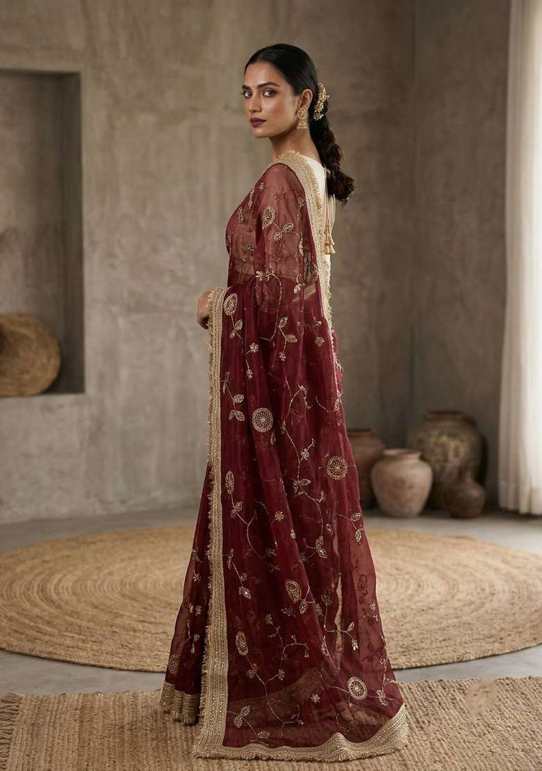Maroon Silk Saree Set with Embroidered for Diwali | Wedding & Festive Wear - Indya