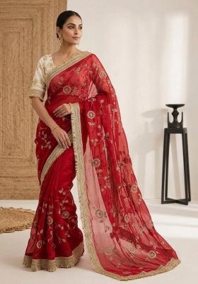 Red Embroidered Silk Saree Set