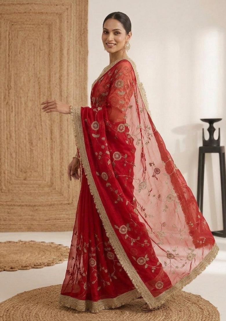 Red Embroidered Silk Saree Set - Indya