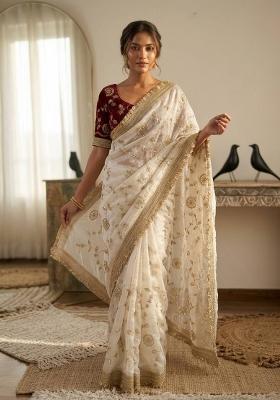 White Embroidered Silk Saree Set