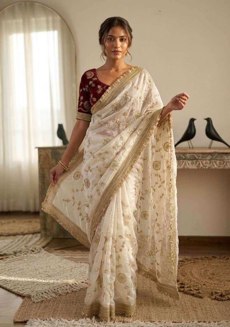 White Silk Saree Set with Embroidered for Diwali | Wedding & Festive Wear - Indya