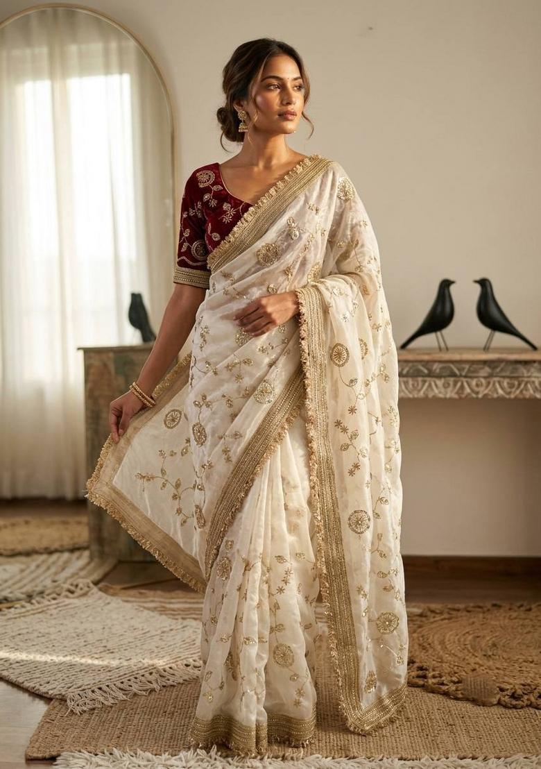 White Embroidered Silk Saree Set - Indya