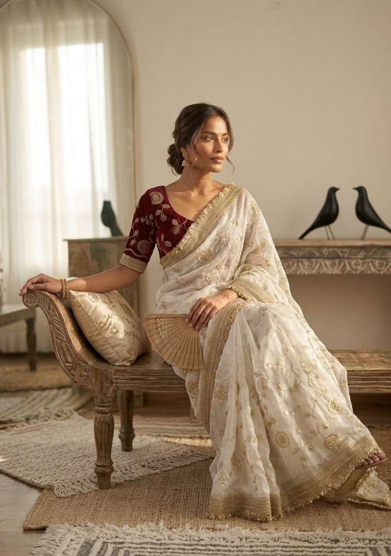 White Silk Saree Set with Embroidered for Diwali | Wedding & Festive Wear - Indya