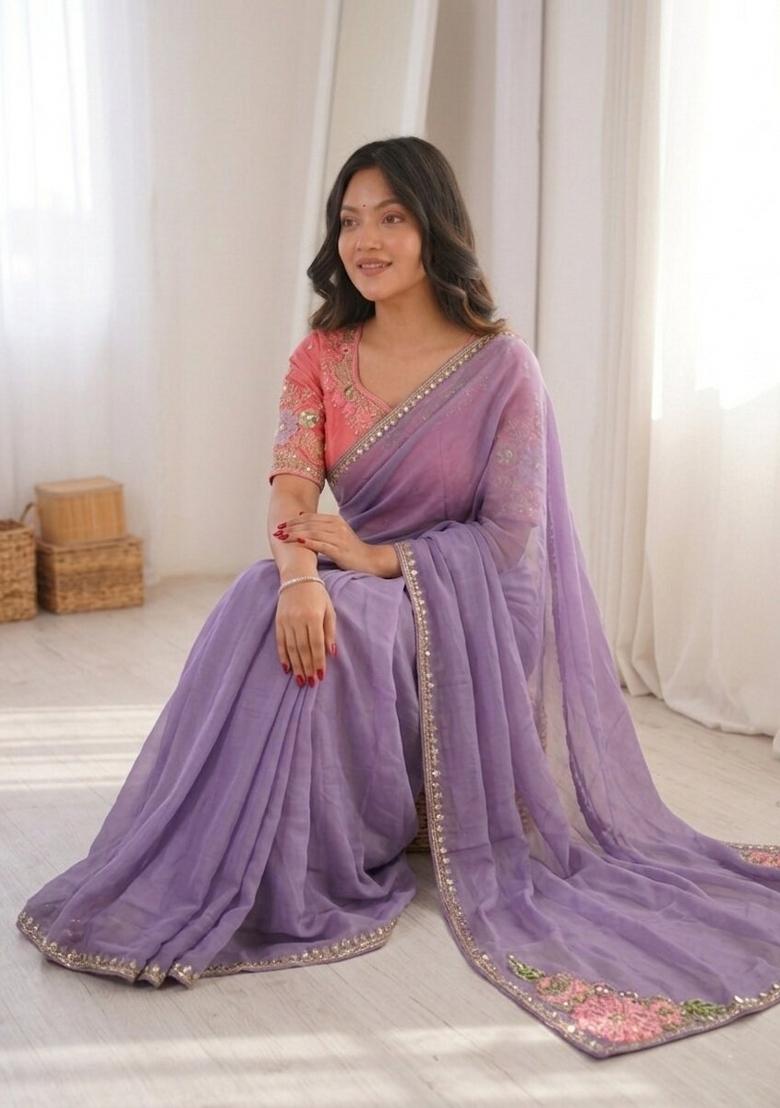 Lavender Embroidered Silk Saree Set - Indya
