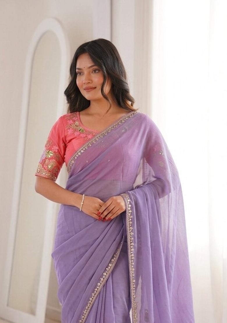 Lavender Embroidered Silk Saree Set - Indya