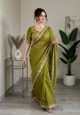 Mehendi Green Embroidered Silk Saree Set