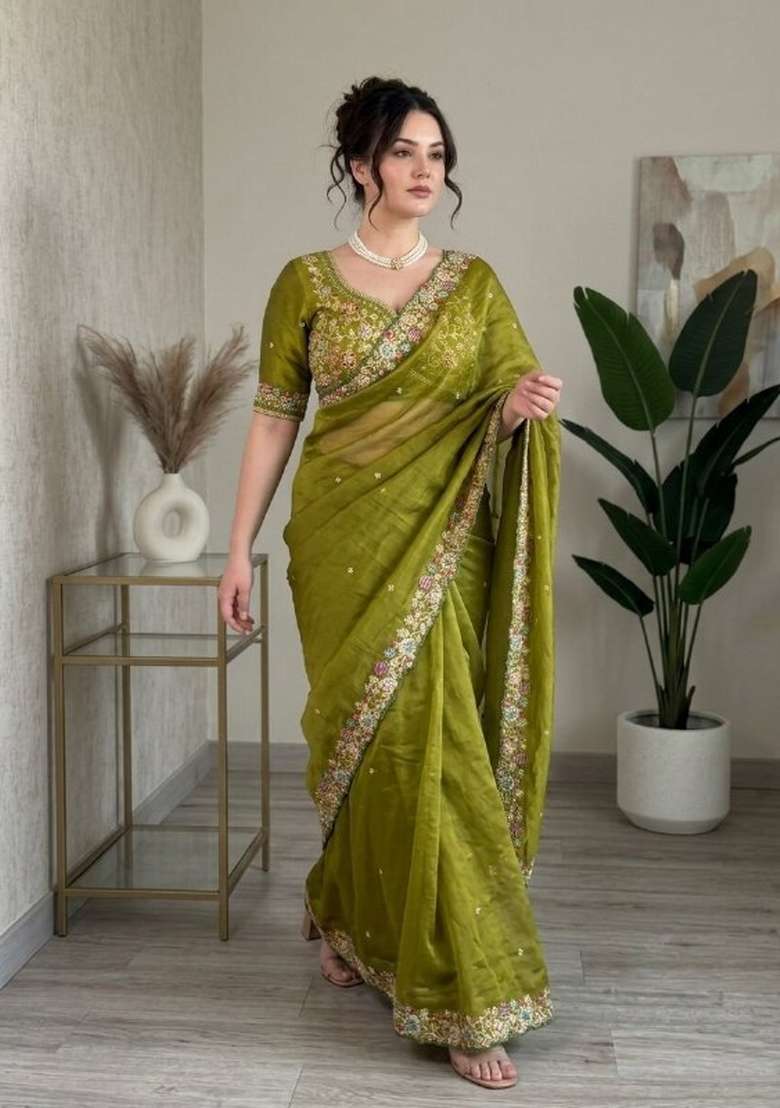 Mehendi Green Silk Saree Set with Embroidered for Diwali | Wedding & Festive Wear - Indya