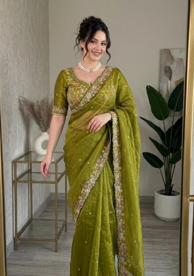 Mehendi Green Embroidered Silk Saree Set - Indya