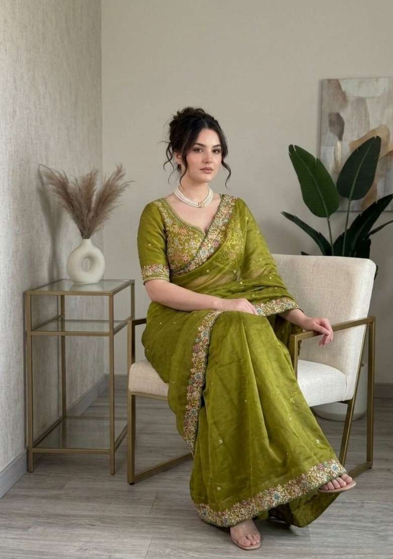 Mehendi Green Silk Saree Set with Embroidered for Diwali | Wedding & Festive Wear - Indya