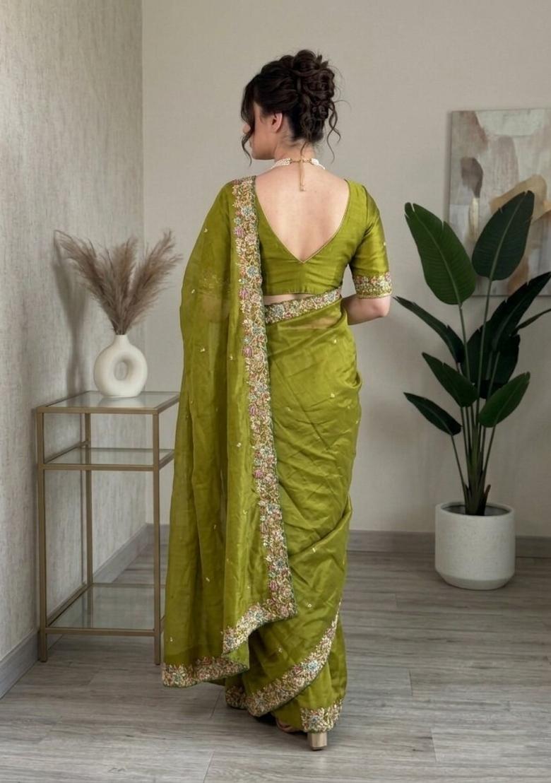 Mehendi Green Embroidered Silk Saree Set - Indya