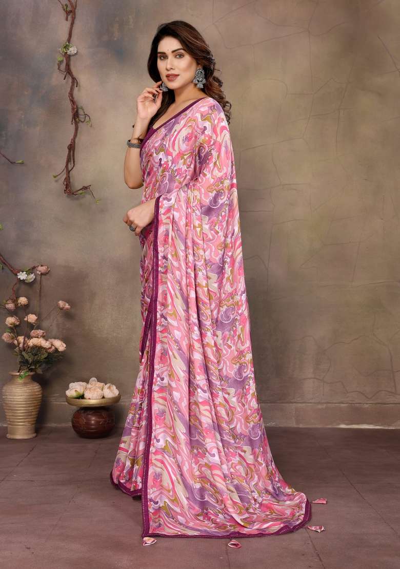 Pink Embroidered Satin Saree Set - Indya