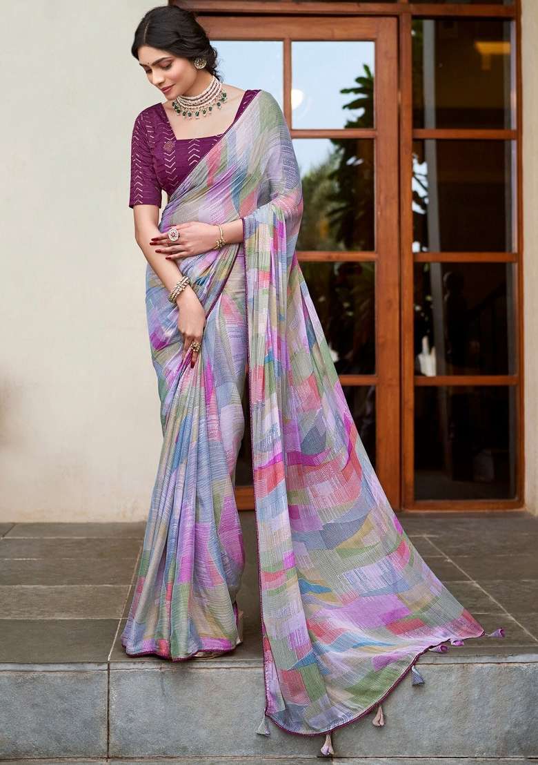 Multicolor Satin Saree Set with Embroidered for Diwali | Wedding & Festive Wear - Indya