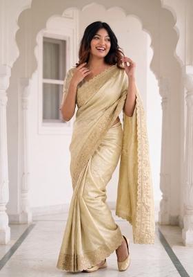 Cream Embroidered Silk Saree Set