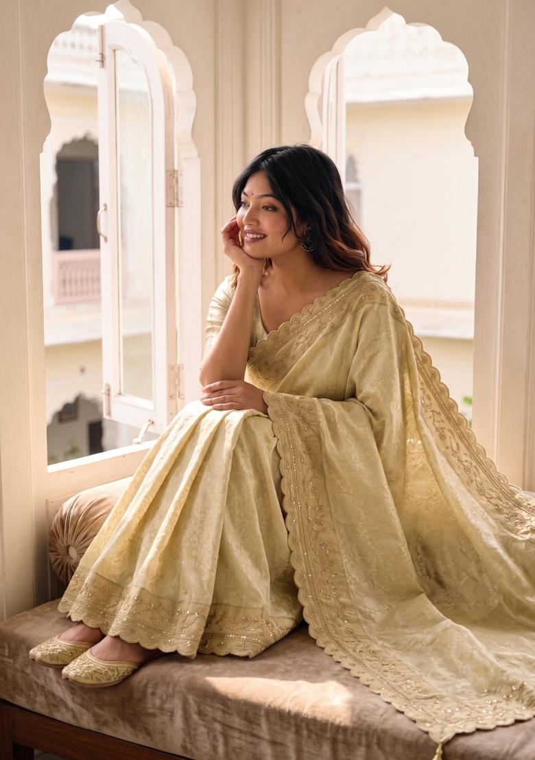 Cream Embroidered Silk Saree Set - Indya