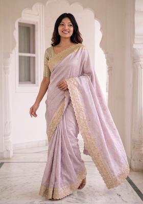 Lavender Embroidered Silk Saree Set