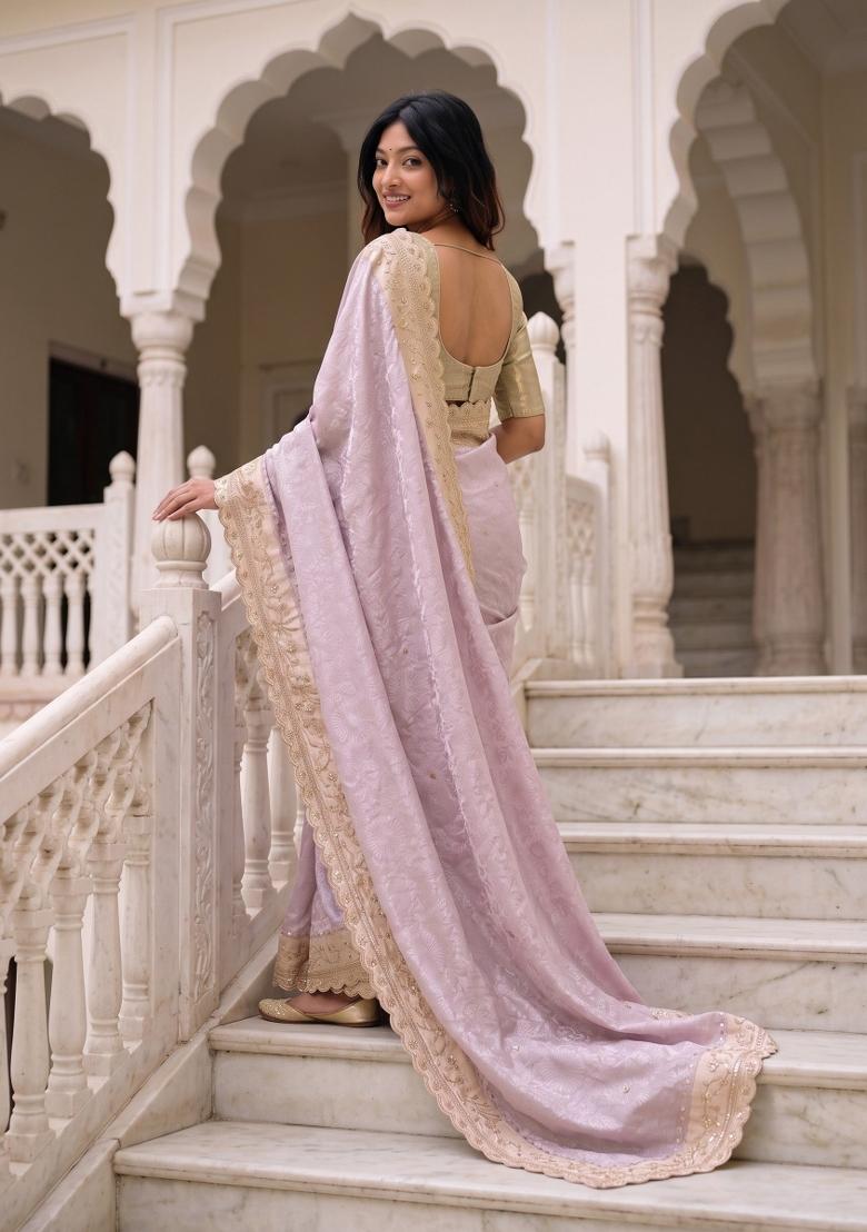 Lavender Embroidered Silk Saree Set - Indya