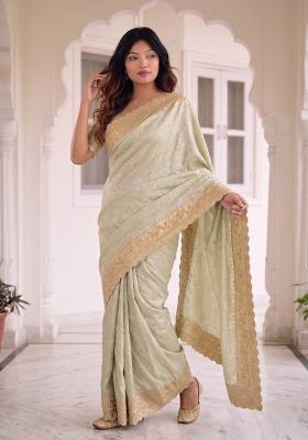 Light Pista Embroidered Silk Saree Set