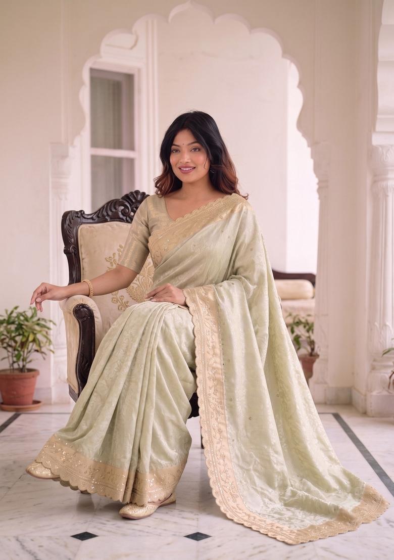 Light Pista Embroidered Silk Saree Set - Indya