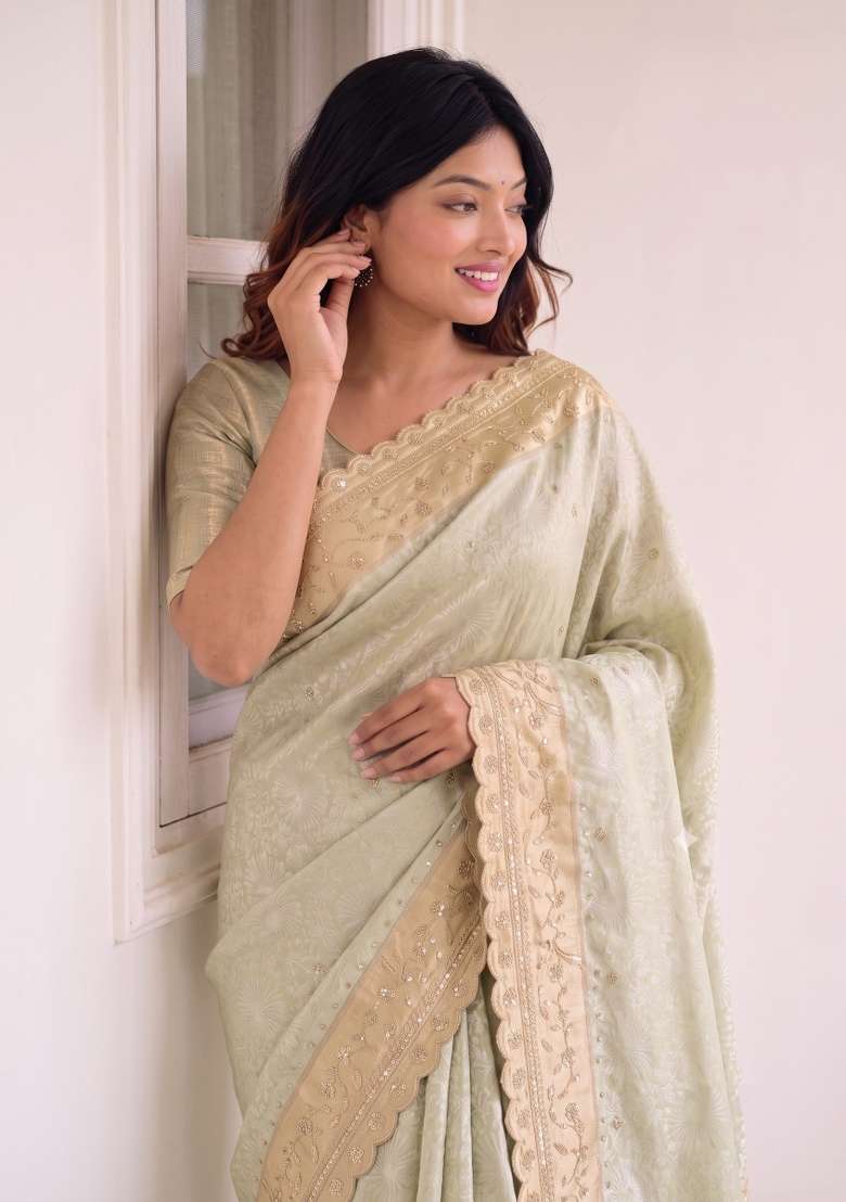 Light Pista Silk Saree Set with Embroidered for Diwali | Wedding & Festive Wear - Indya