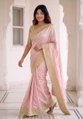 Pink Embroidered Silk Saree Set