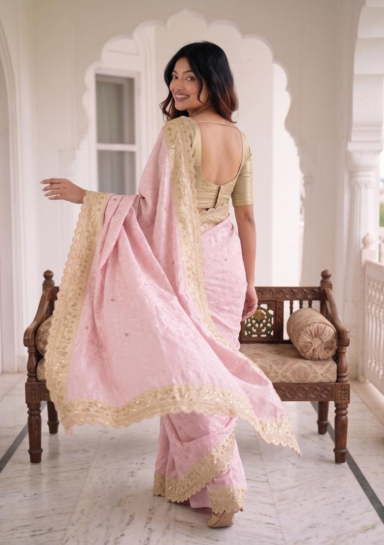 Pink Embroidered Silk Saree Set - Indya