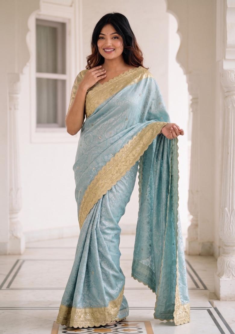 Sky Blue Embroidered Silk Saree Set - Indya