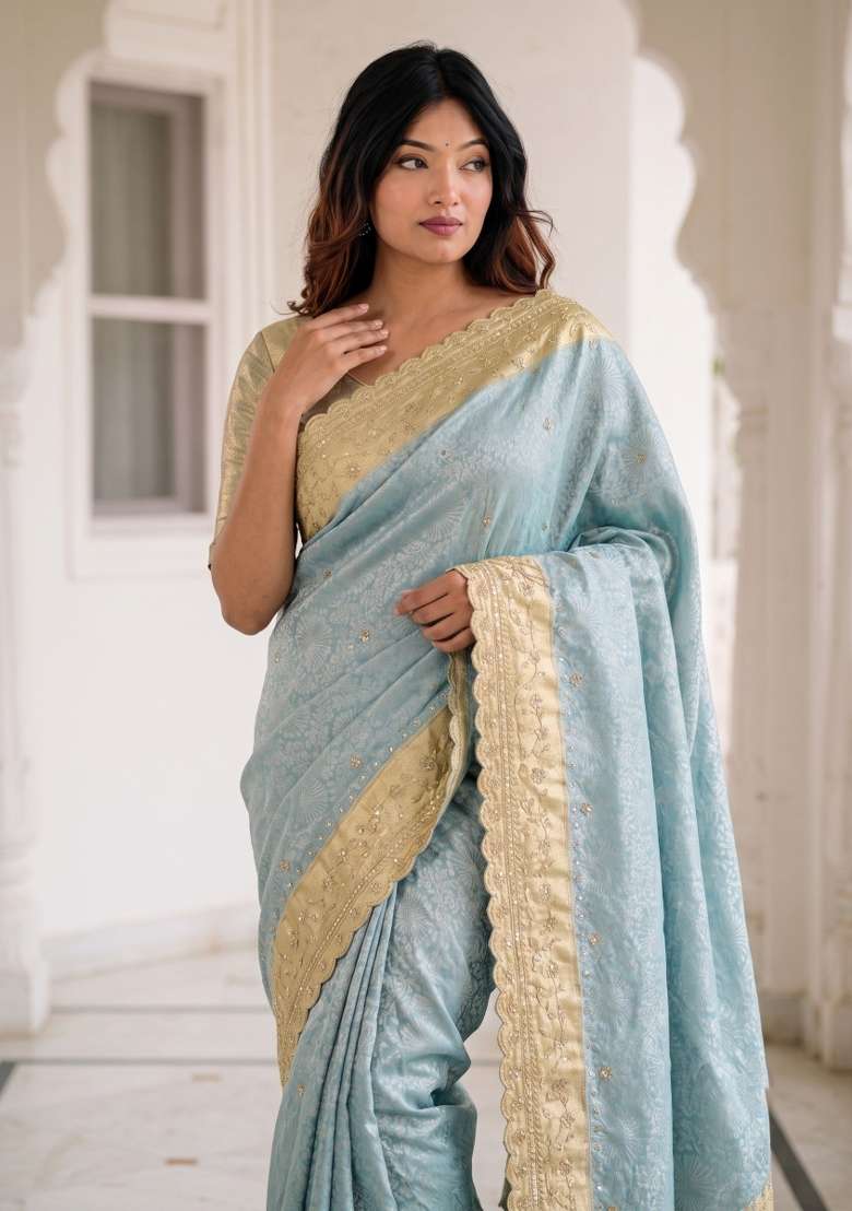 Sky Blue Silk Saree Set with Embroidered for Diwali | Wedding & Festive Wear - Indya