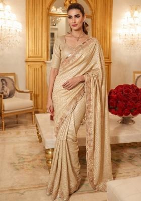 Cream Embroidered Silk Saree Set
