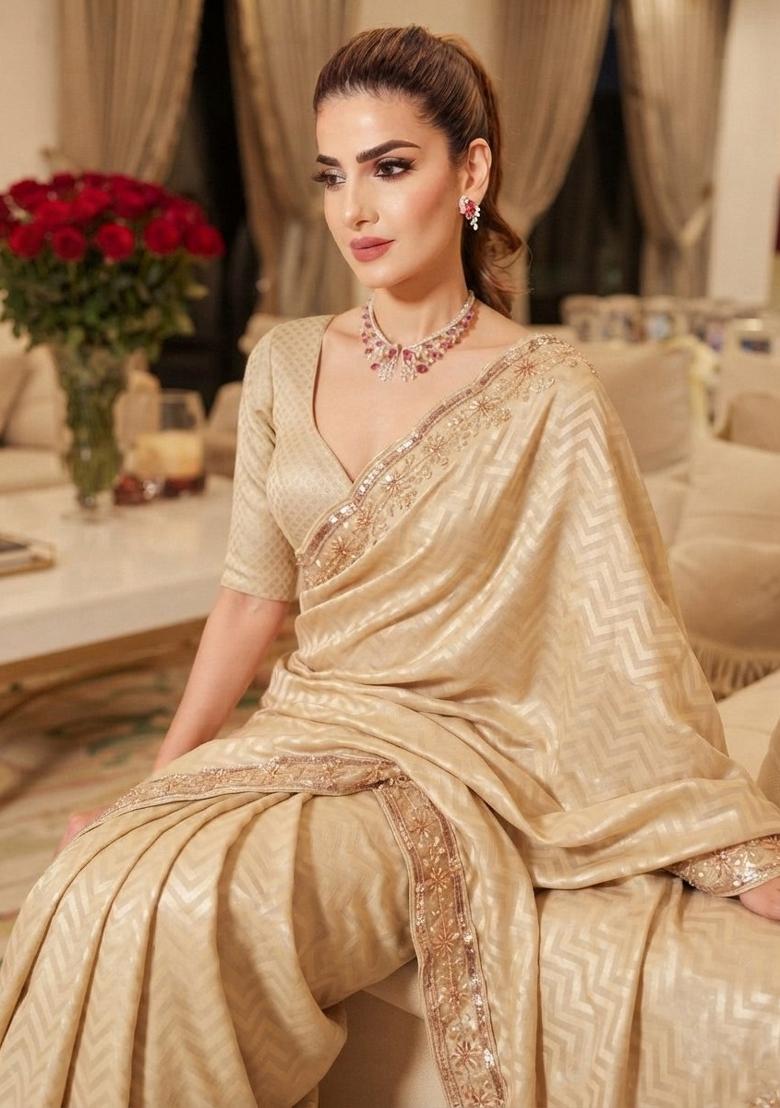 Cream Embroidered Silk Saree Set - Indya