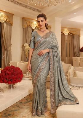 Grey Embroidered Silk Saree Set