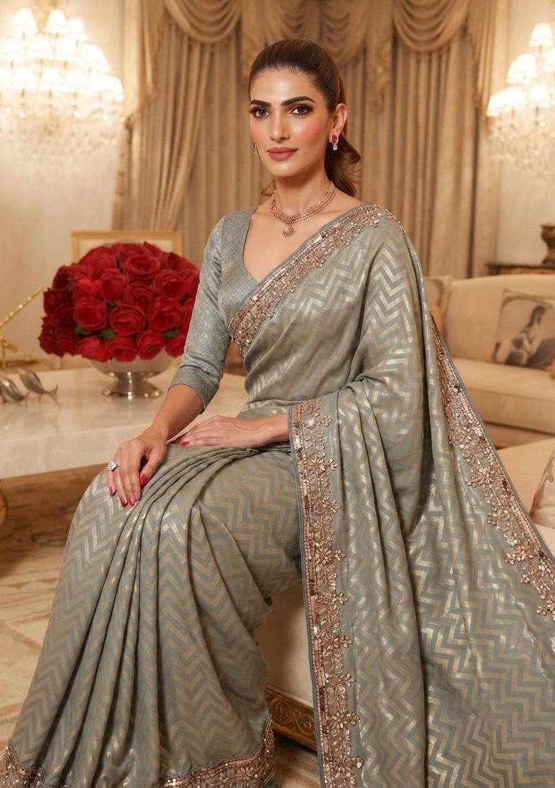 Grey Embroidered Silk Saree Set - Indya