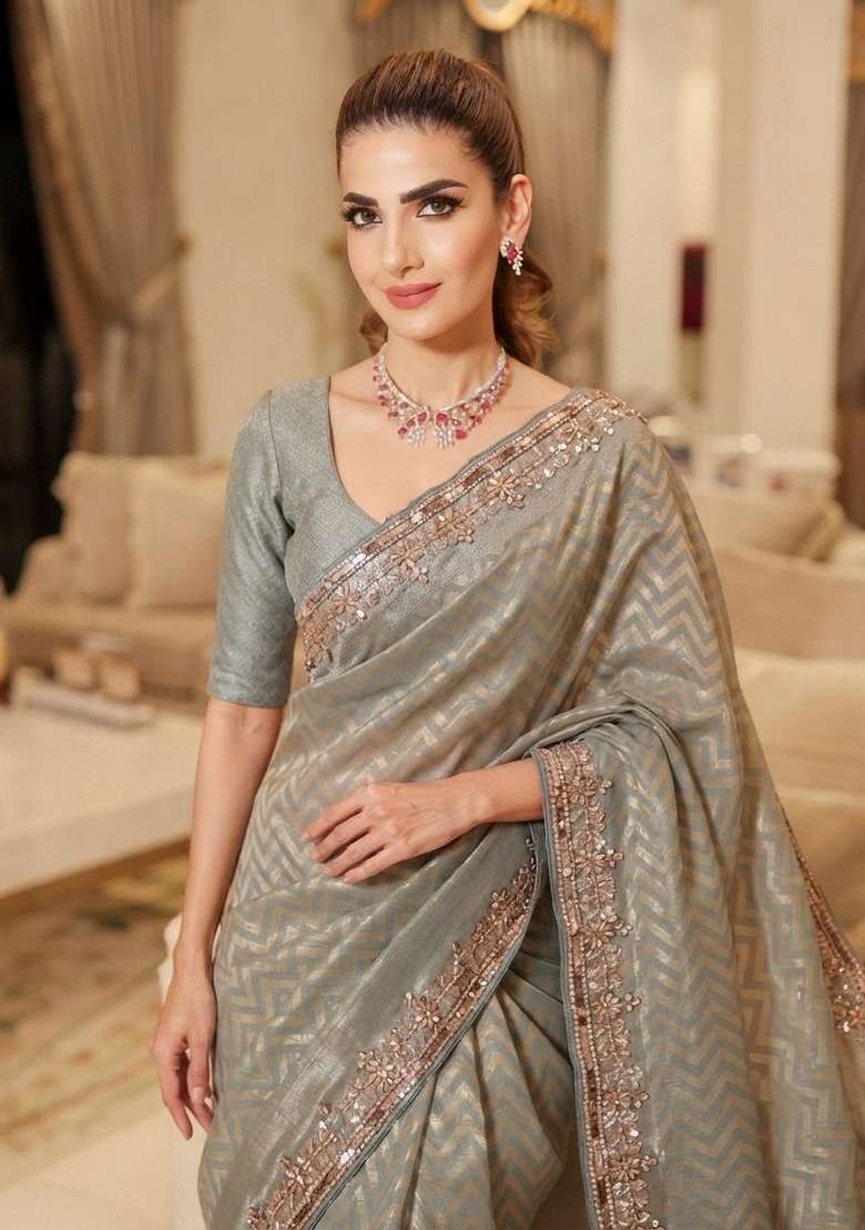 Grey Embroidered Silk Saree Set for Diwali and Festive Wear - Indya