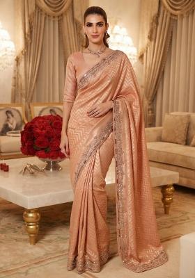 Peach Embroidered Silk Saree Set