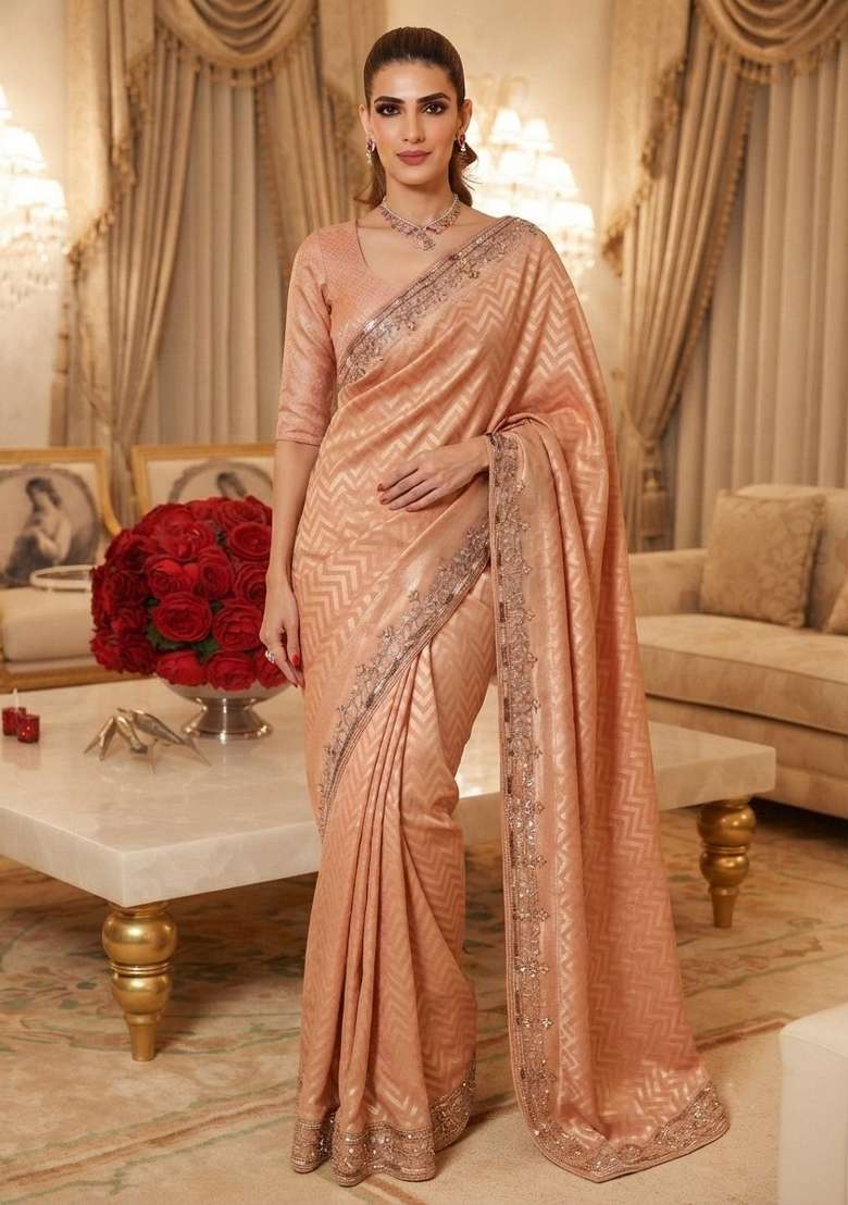 Peach Embroidered Silk Saree Set for Diwali and Festive Wear - Indya