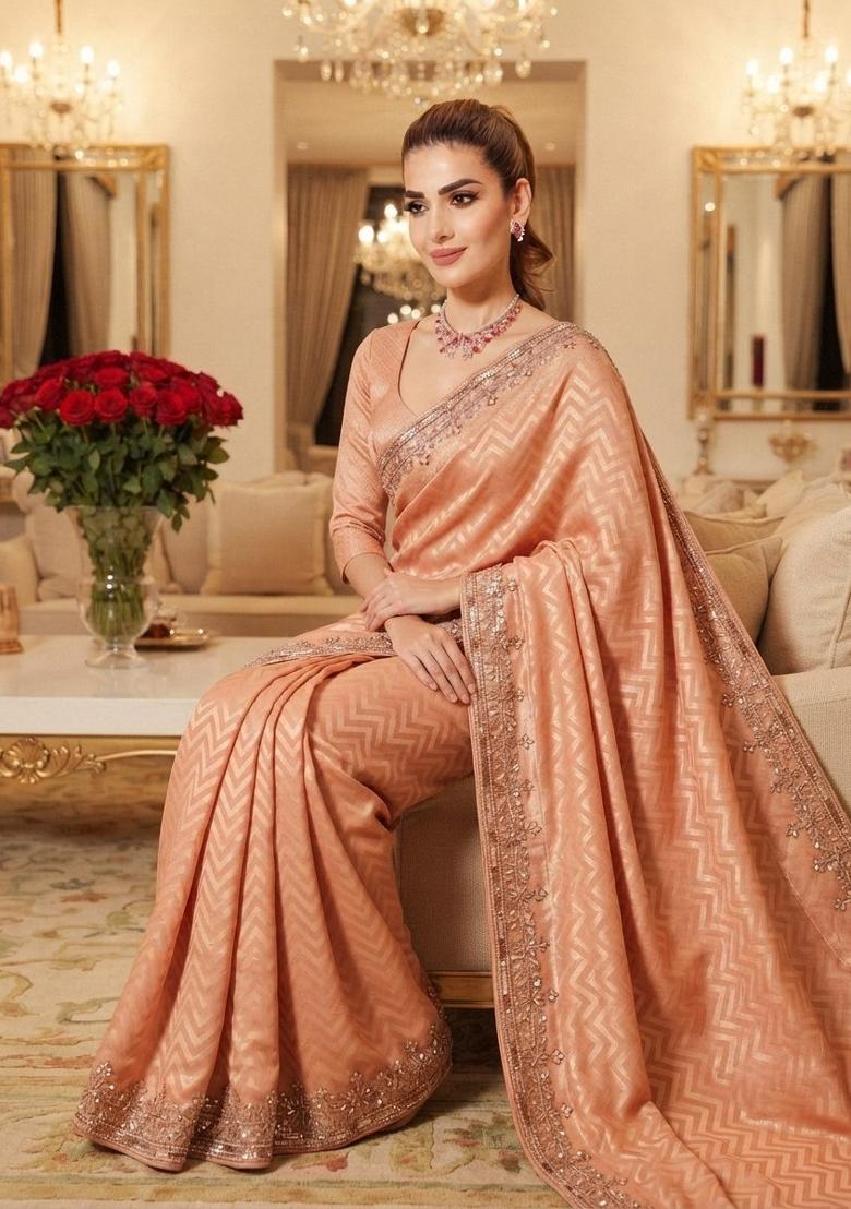 Peach Embroidered Silk Saree Set - Indya