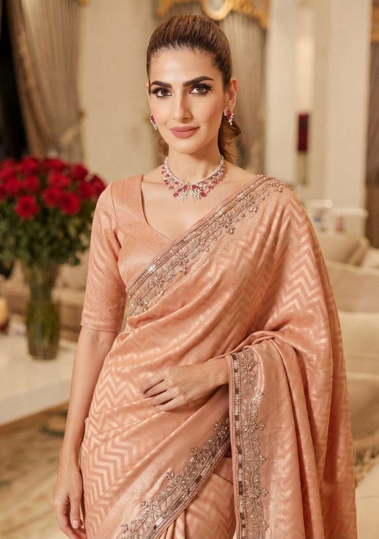 Peach Embroidered Silk Saree Set for Diwali and Festive Wear - Indya