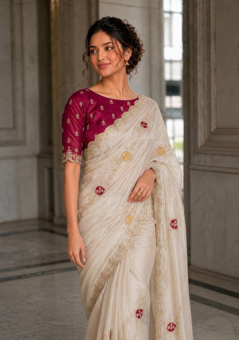 Cream Embroidered Silk Saree Set - Indya