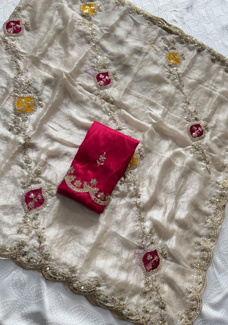 Cream Embroidered Silk Saree Set - Indya