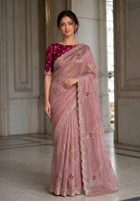 Pink Embroidered Silk Saree Set