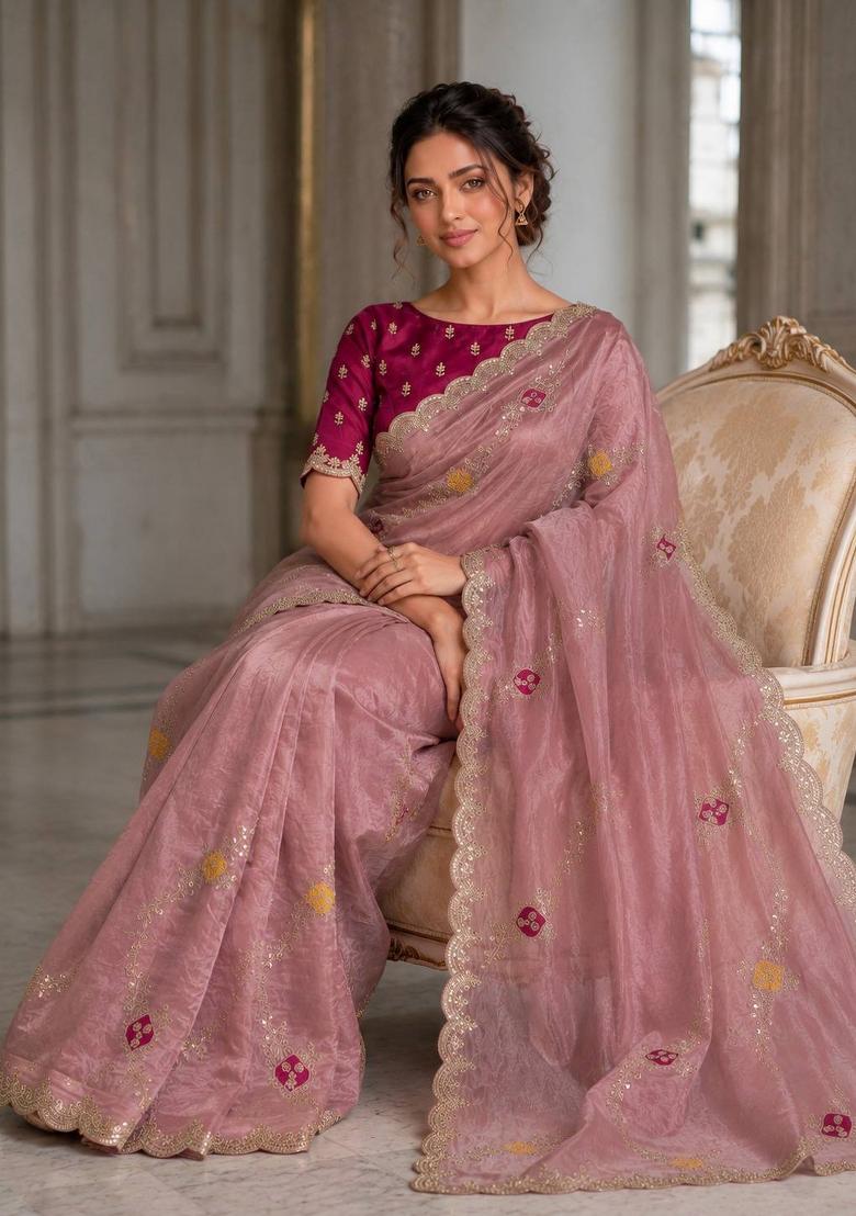 Pink Embroidered Silk Saree Set - Indya