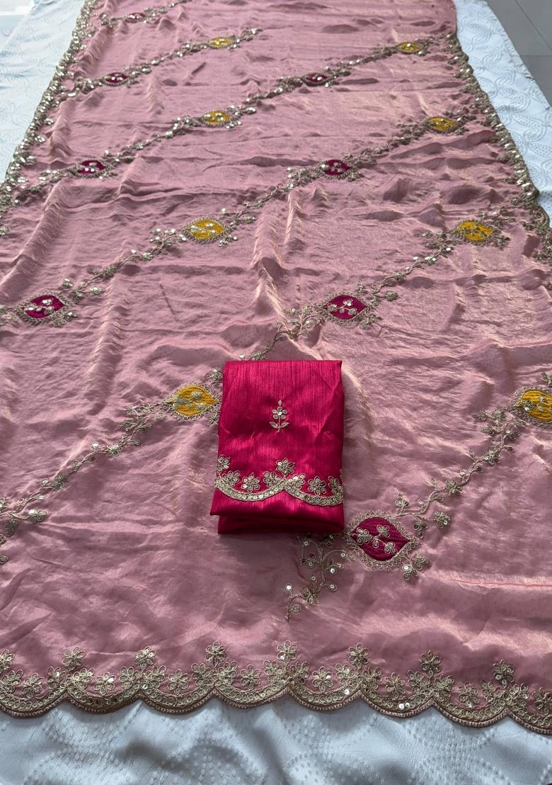 Pink Embroidered Silk Saree Set - Indya