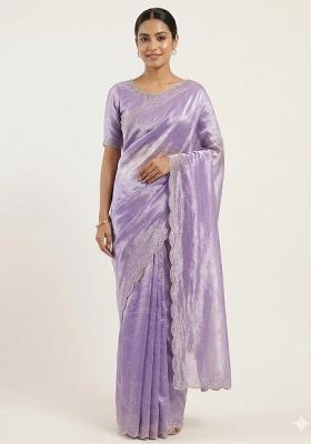 Lavender Zarkan Diamond Work Silk Saree Set