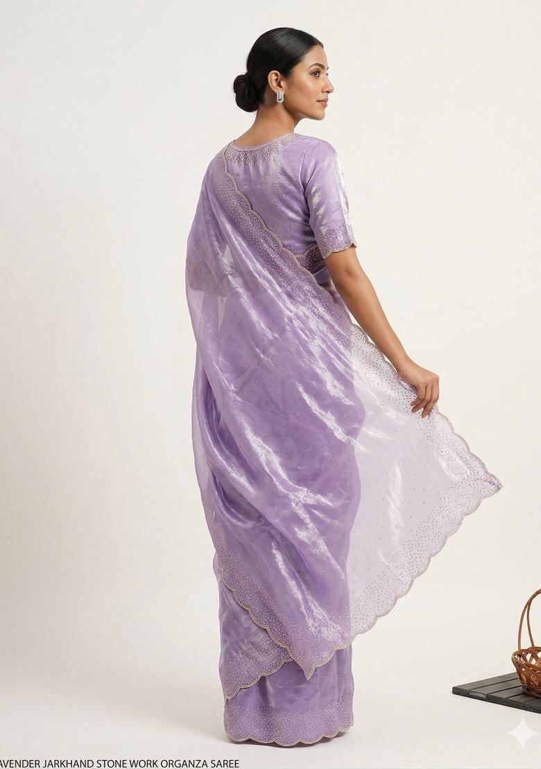 Lavender Zarkan Diamond Work Silk Saree Set - Indya