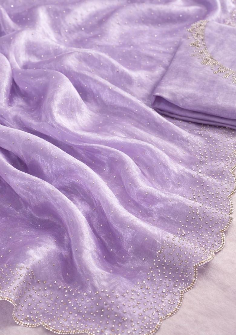 Lavender Zarkan Diamond Work Silk Saree Set - Indya