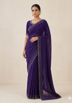 Purple Zarkan Diamond Work Silk Saree Set