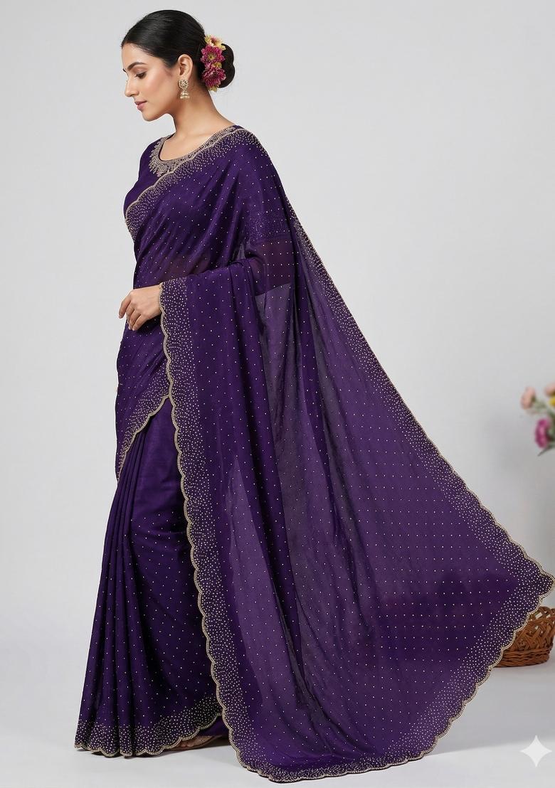 Purple Zarkan Diamond Work Silk Saree Set - Indya