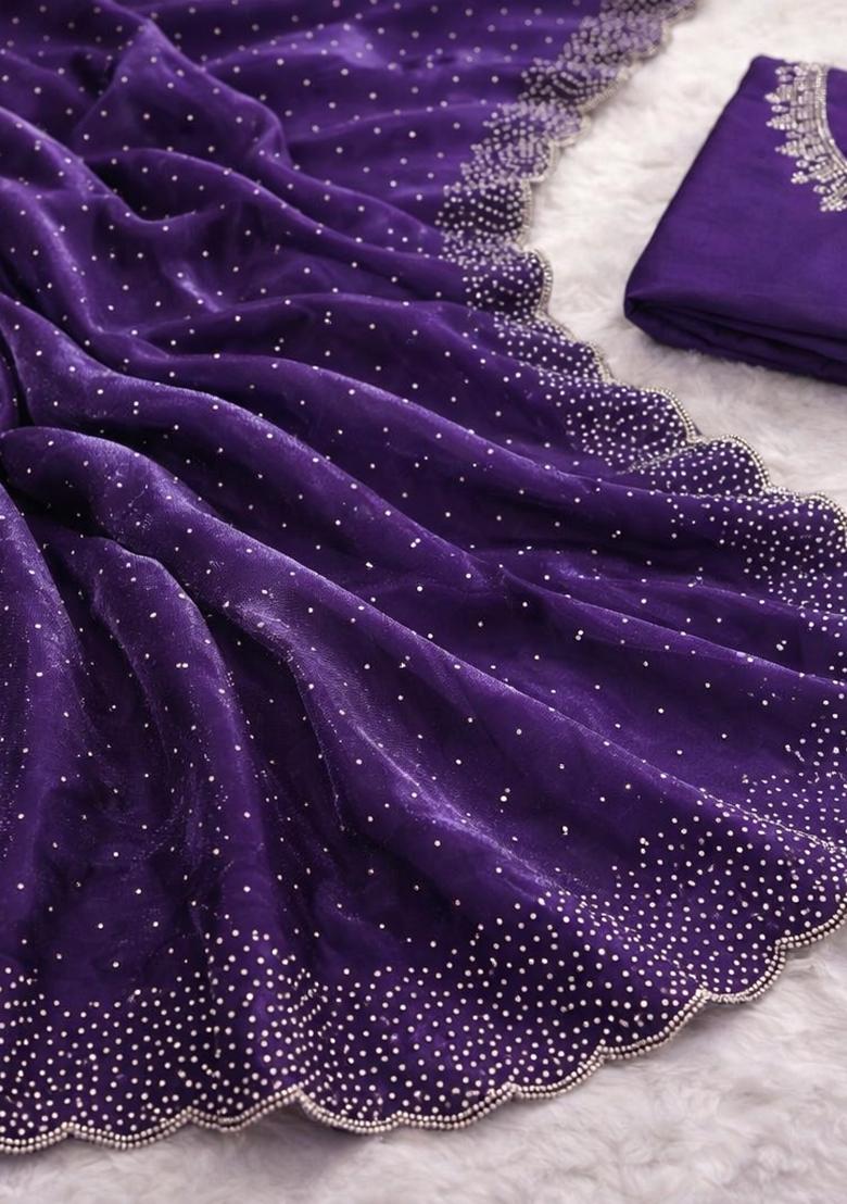Purple Zarkan Diamond Work Silk Saree Set - Indya