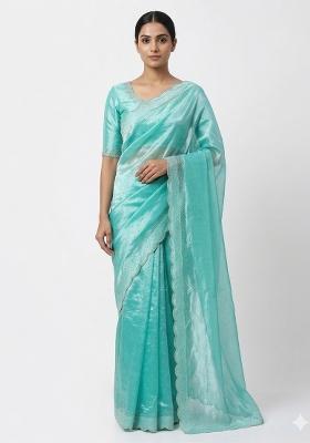 Sky Blue Zarkan Diamond Work Silk Saree Set